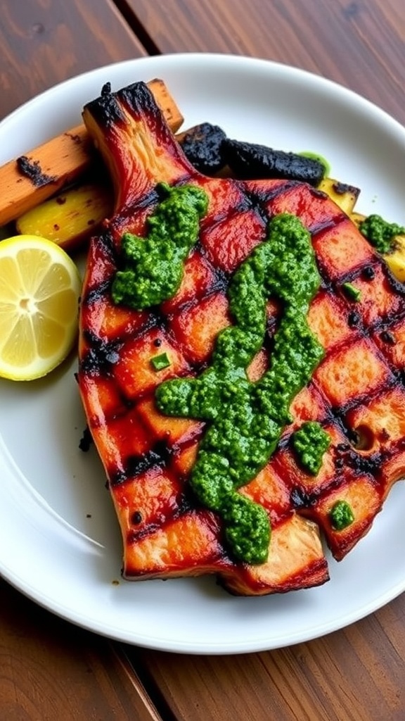 Grilled pork chop drizzled with chimichurri sauce on a rustic table, served with grilled vegetables.